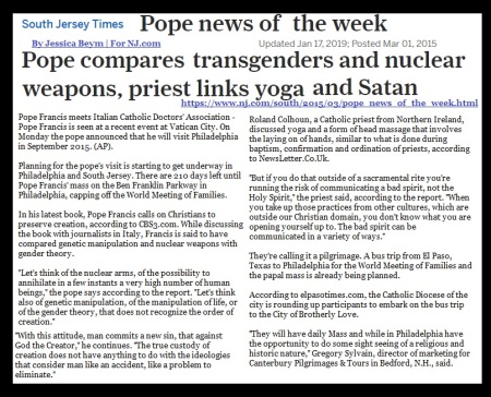 Pope compares transgenders and nuclear weapons, priest links yoga and Satan 2015, 2019
